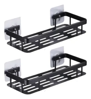 Pack x2 Estantes Repisas Con Adhesivos Para Ducha, Baño y Cocina -- Organizador Baño Ducha Metálico Negro Mate con Instalación sin Perforaciones Estante Shampoo Jabonera Levys Bazar