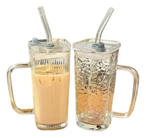 Taza Vaso Vidrio Para Bebidas 380ml Manija Tapa Hermética Taza Vidrio C/tapa